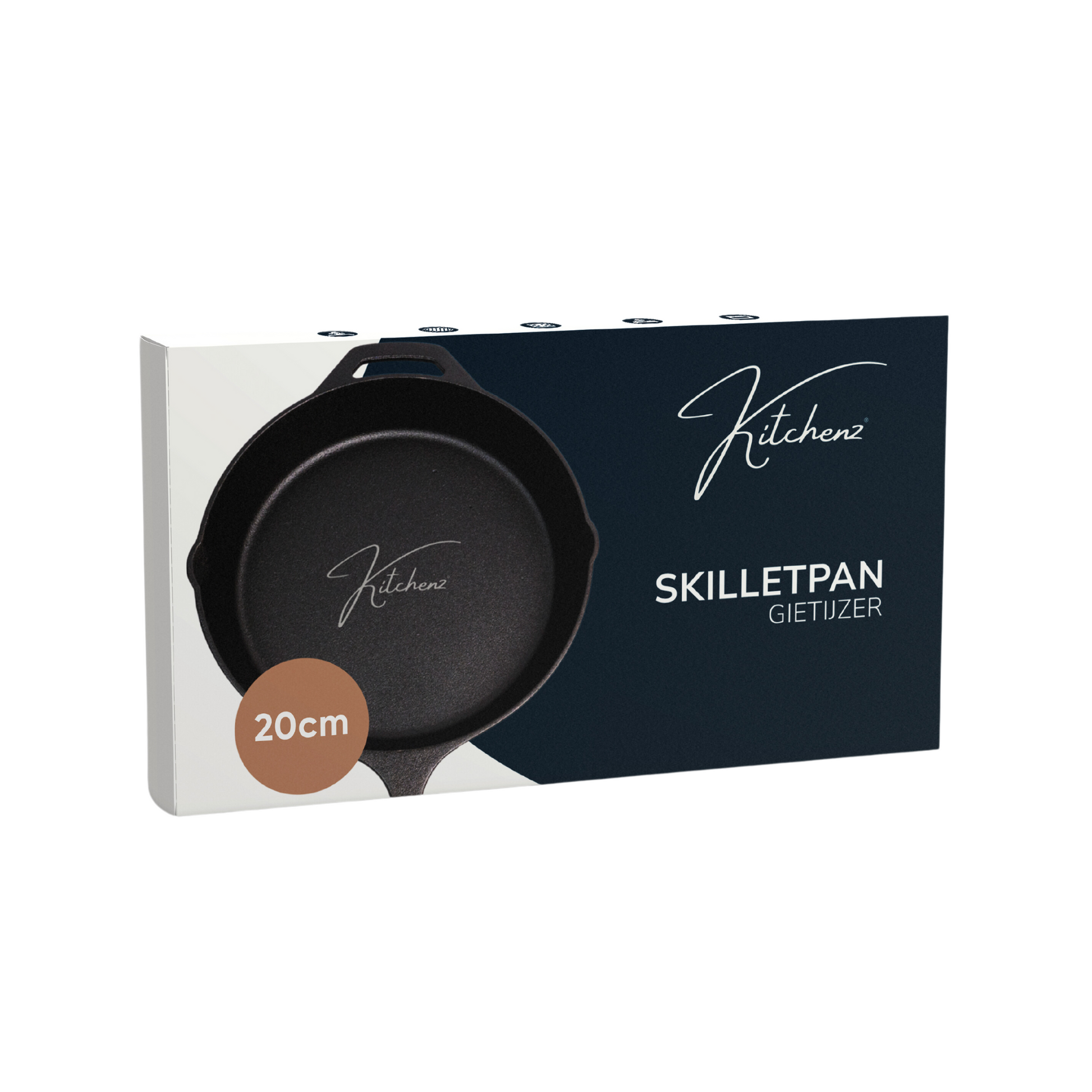De officiële verpakkingsdoos van de middelgrote Kitchenz skillet, voorzien van een elegant ontwerp met gouden accenten en technische details over de hittebestendigheid. Keywords: 20cm skillet doos, Kitchenz merkverpakking, gietijzeren pan cadeau-editie, commercieel doosontwerp, keukengerei opslag, Kitchenz medium pan box.