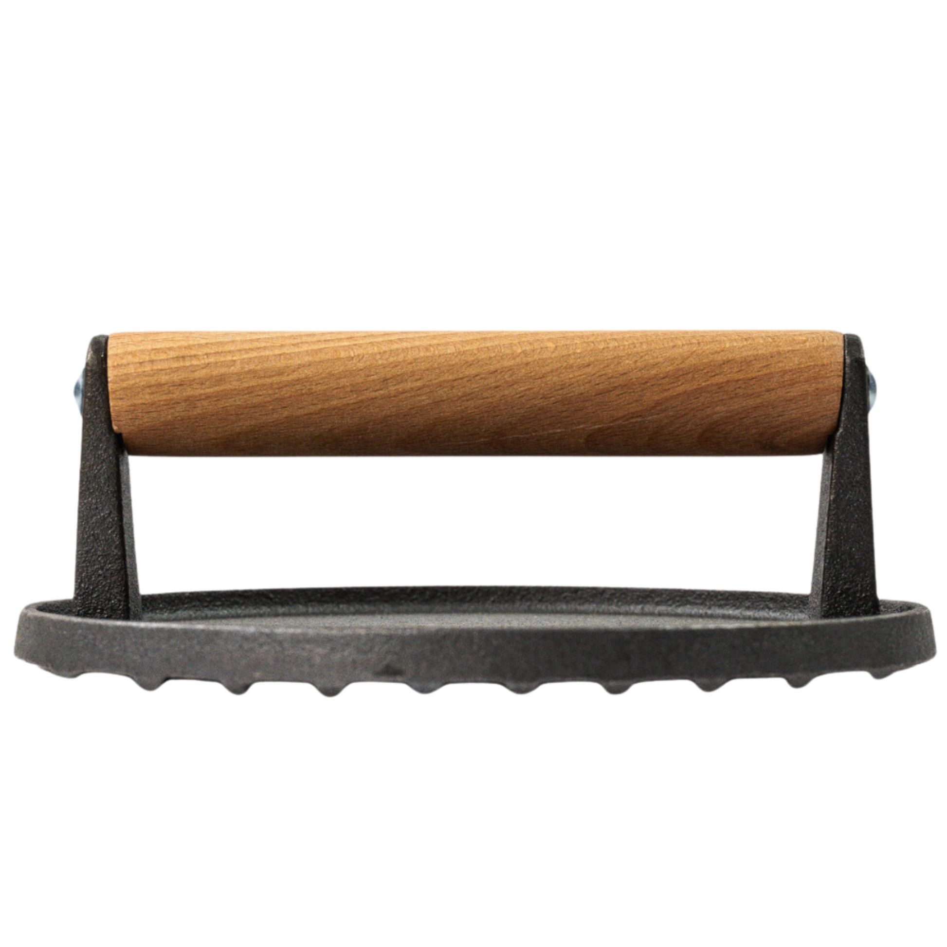 Een zware, zwarte gietijzeren hamburgerpers van Kitchenz met een klassieke textuur en een stevige houten handgreep, ideaal voor het maken van gelijkmatige smashburgers.
gietijzeren hamburgerpers, Kitchenz burger smasher, zware vleespers grill, gietijzeren keukenpers, BBQ burger gereedschap, Kitchenz gietijzer collectie.