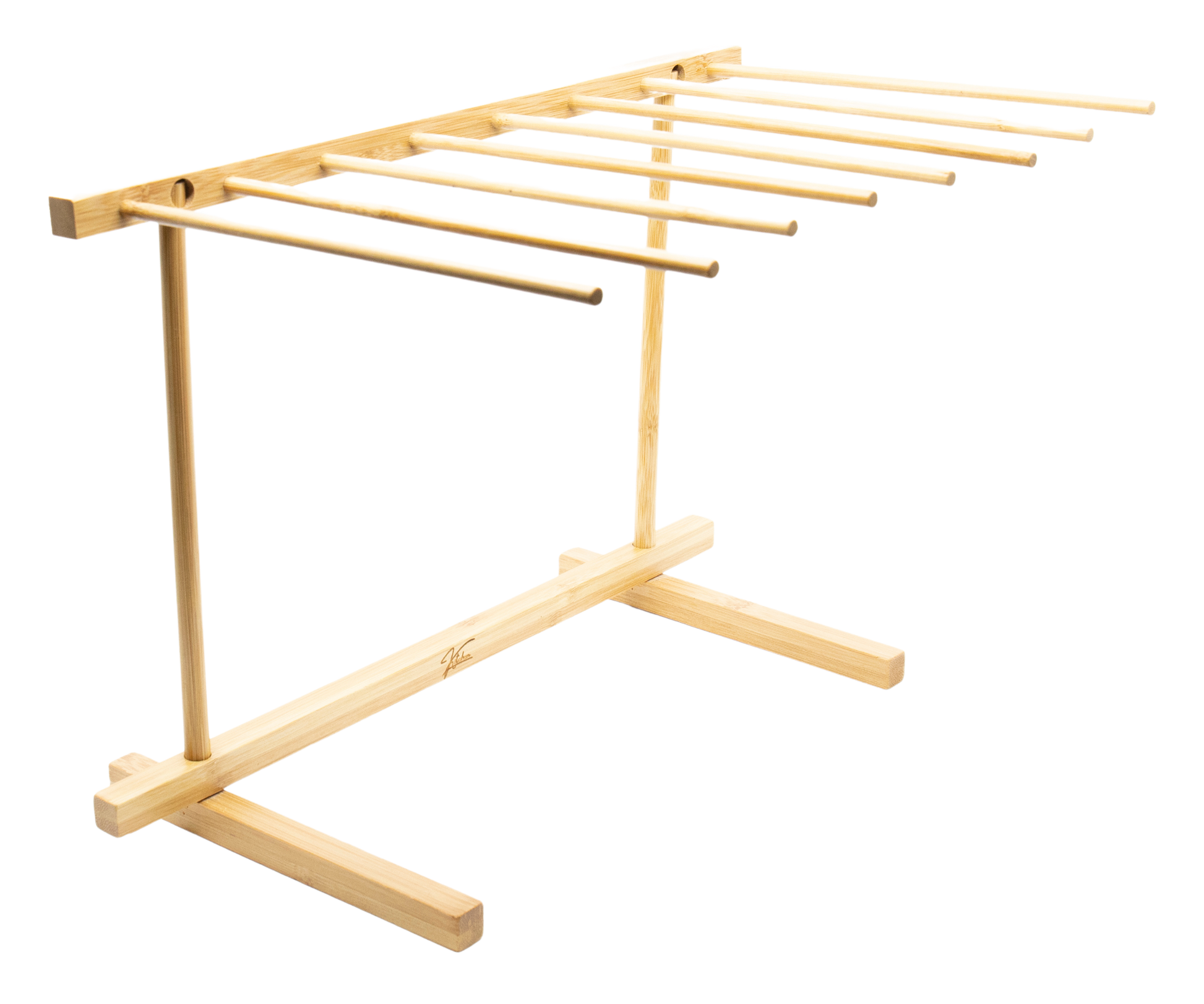 Een ecologisch verantwoord droogrek van onbewerkt hout met acht robuuste sporten, ideaal voor het uithangen van diverse lange pastasoorten zoals spaghetti en tagliatelle. 
houten pastadroogrek, Kitchenz 8-armig rek, natuurlijk droogstation pasta, keukenaccessoire van hout, ambachtelijke deegdroger, Kitchenz duurzaam kookgerei.