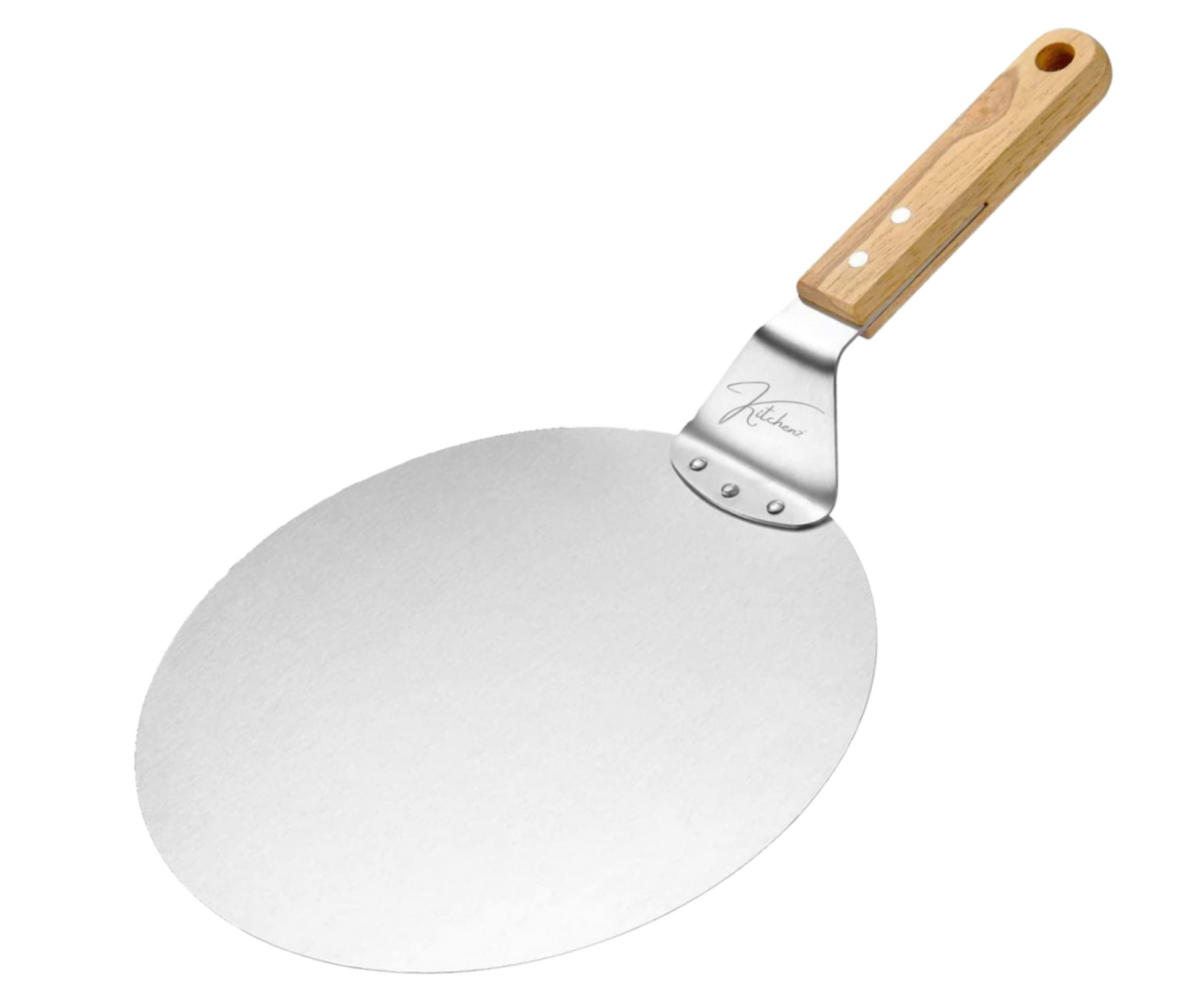 Een roestvrijstalen pizzaschep van Kitchenz met een extra plat blad en een hittebestendig houten handvat, perfect voor het veilig inschieten van pizza's in een hete Kamado oven. 
pizzaschep voor bbq, Kitchenz kamado accessoires, rvs pizza pelle, pizzaschuiver voor buitenoven, barbecue gereedschap pizza, Kitchenz oven-vriendelijke schep.